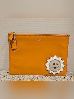 Coach Darcy Mango Leather Lion Appliqué Pouch Wristlet Clutch Novelty Rare
